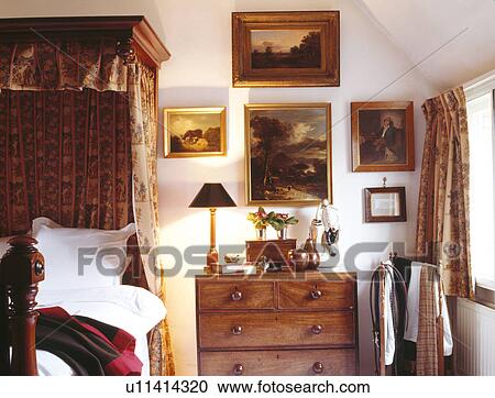 Collection of old pictures above chest-of-drawers beside half-tester bed View Large Photo Image Stock Image - Collection of old pictures above chest-of-drawers beside half-tester bed. Fotosearch