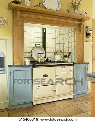 Stock Photo - Cream Aga in country kitchen. Fotosearch