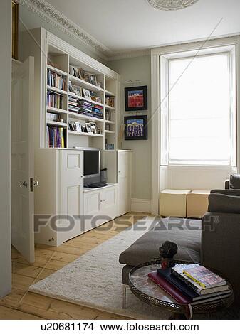 Cream Fitted Bookcase In Small Living Room With Grey Sofa Picture