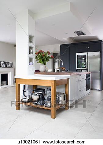 Stock Image - Electric appliances stored on open wooden unit in modern white kitchen. Fotosearch