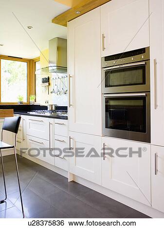 Eye-level double oven in white fitted unit in modern white kitchen View Large Photo Image Stock Photograph - Eye-level double oven in white fitted unit in modern white kitchen. Fotosearch