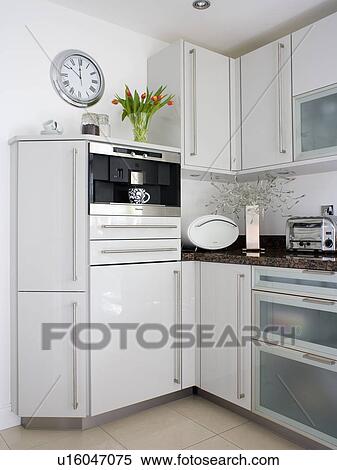 Fitted coffee-machine in modern kitchen with white melamine units View Large Photo Image Stock Photography - Fitted coffee-machine in modern kitchen with white melamine units. Fotosearch