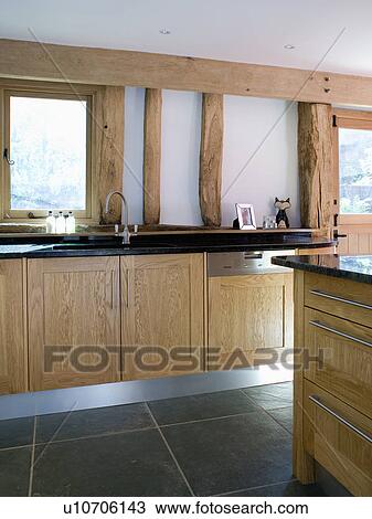 Fitted dishwasher in modern country kitchen with fitted oak units View Large Photo Image Stock Image - Fitted dishwasher in modern country kitchen with fitted oak units . Fotosearch