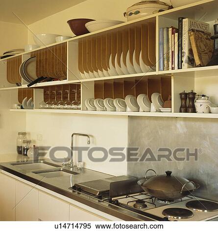 Ed Wooden Plate Racks Above Sink In Modern Kitchen Stock Ed Wooden Plate Racks Above Sink In Modern Kitchen Stock
