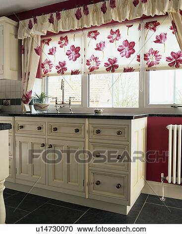 Floral blind on window in traditional country kitchen View Large Photo Image Stock Image - Floral blind on window in traditional country kitchen. Fotosearch