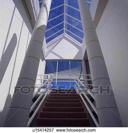 Glass apex roof above modern white staircase View Large Photo Image Stock Photo - Glass apex roof above modern white staircase. Fotosearch