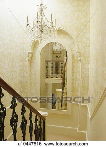 Stock Photograph - Glass chandelier and large arched mirror in hall with cream patterned wallpaper. Fotosearch