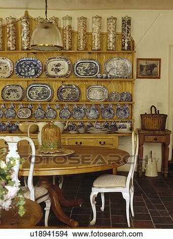 Glass Storage Jars And Blue Plate Collection On Dresser In
