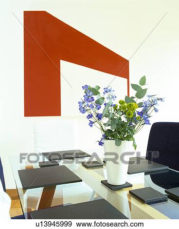 Blue Flower Placemats Flowers Healthy Granite Placemats And Blue Flower Arrangement On Modern Gl Dining Table Stock Photograph Of