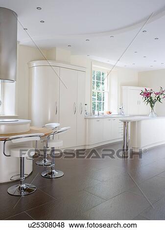 Stock Photo - Grey flooring in large modern white country kitchen . Fotosearch