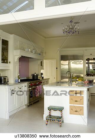 Island unit and limestone flooring in cream Mark Wilkinson kitchen View Large Photo Image Stock Image - Island unit and limestone flooring in cream Mark Wilkinson kitchen. Fotosearch