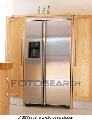 Large American-style stainless steel fridge-freezer View Large Photo Image Stock Photo - Large American-style stainless steel fridge-freezer. Fotosearch