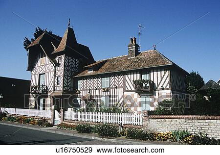 Stock Photo - Le Chalet Normand, Beuvron-en-Auge, Normandy, France. Fotosearch