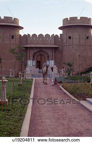 Stock Image - Man in traditional Rajastani dress leading a camel down path in courtyard of Rajvilas Hotel near Jaipur. Fotosearch