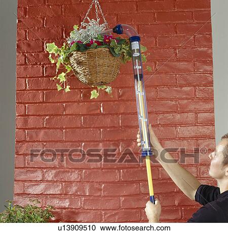 Stock Image - Man watering hanging basket with telescopic hose. Fotosearch