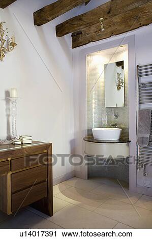 Mirror Above Basin In Mosaic Tiled Alcove In Modern White Bathroom