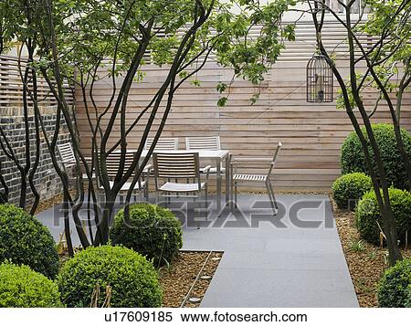Modern table and chairs in architectural townhouse garden with clipped box and grey paving View Large Photo Image Stock Photography - Modern table and chairs in architectural townhouse garden with clipped box and grey paving. Fotosearch
