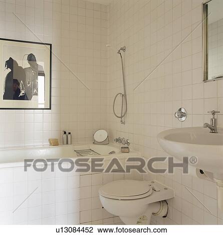 Modern white tiled bathroom View Large Photo Image Stock Image - Modern white tiled bathroom. Fotosearch