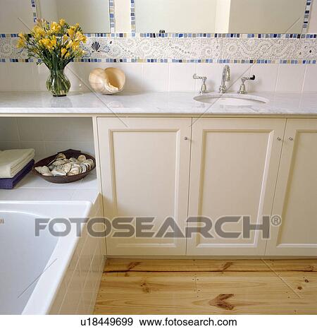 Mosaic tiled border above basin in white vanity unit View Large Photo Image Stock Photo - Mosaic tiled border above basin in white vanity unit. Fotosearch