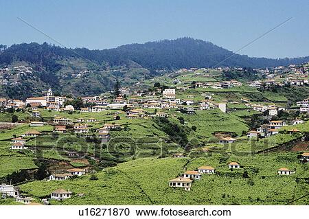 Stock Image - Panoramic view of a lush green valley and homes, Madeira. Fotosearch