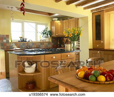 Picture - Pastel yellow cottage kitchen dining room. Fotosearch