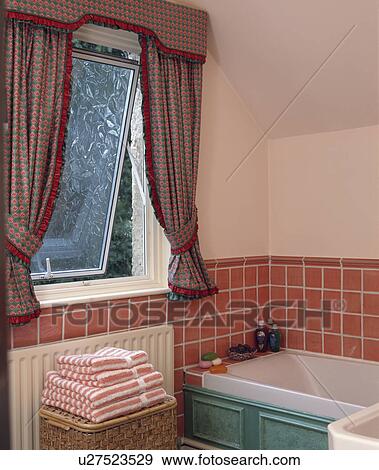 Patterned Red Green Curtains On Upvc Window In Bathroom With Red Green Curtains On Upvc Window