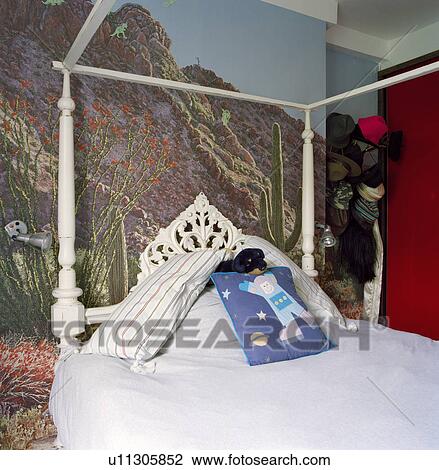 Photographic mural on wall behind white bed View Large Photo Image Stock Image - Photographic mural on wall behind white bed . Fotosearch