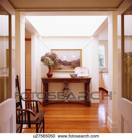 Picture above antique console table in modern white hall with wooden flooring View Large Photo Image Stock Image - Picture above antique console table in modern white hall with wooden flooring. Fotosearch