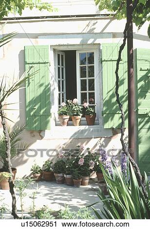 Stock Image - Pink geraniums in pots on window sill of white French house with green shutters. Fotosearch