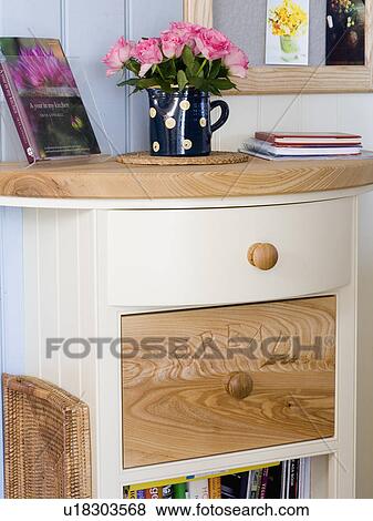 Pink roses in spotted jug on cream kitchen unit with wooden worktop View Large Photo Image Stock Photo - Pink roses in spotted jug on cream kitchen unit with wooden worktop. Fotosearch