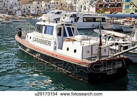 Picture - Police boat moored in the harbour, Marina Grande, Capri, Italy. Fotosearch