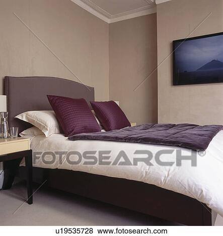 Purple velvet throw and cream quilt on bed with brown upholstered headboard in modern dark beige bedroom View Large Photo Image Stock Photo - Purple velvet throw and cream quilt on bed with brown upholstered headboard in modern dark beige bedroom. Fotosearch