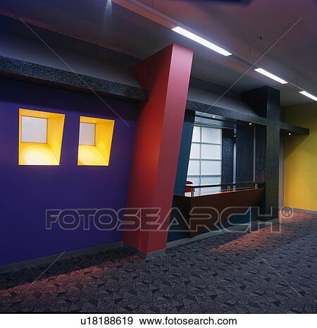 Purple wall with yellow inset windows in modern office corridor View Large Photo Image Stock Photo - Purple wall with yellow inset windows in modern office corridor. Fotosearch