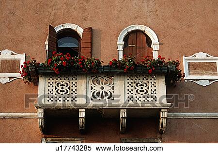 Red geraniums in windowboxes on ornate stone balcony on house in Venice View Large Photo Image Stock Photography - Red geraniums in windowboxes on ornate stone balcony on house in Venice . Fotosearch