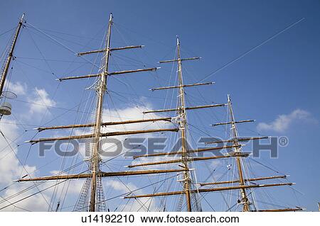 Stock Image - Rigging of an old yacht moored in the harbour, Valletta, Malta. Fotosearch