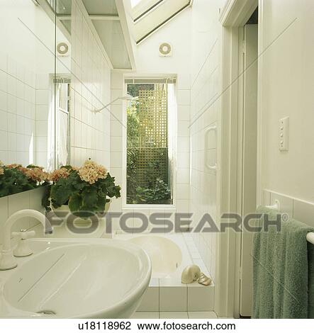 Stock Image - Shower above bath with view of garden in compact modern white bathroom. Fotosearch