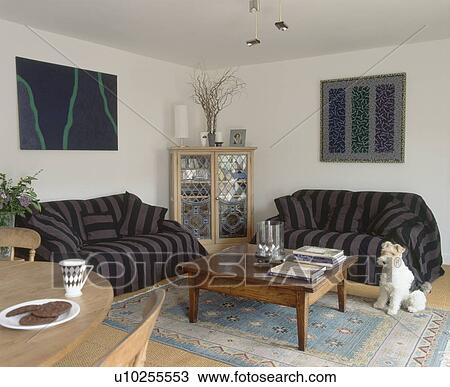 Stock Image - Small dog sitting on floor in economy-style living room with wooden coffee table in front of sofas with black throws. Fotosearch