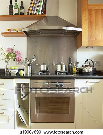 Stock Photo - Stainless steel extractor and splashback above steel oven in modern kitchen. Fotosearch