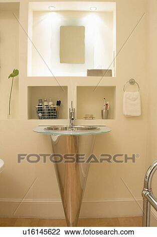 Stainless steel pedestal basin in modern white bathroom View Large Photo Image Stock Image - Stainless steel pedestal basin in modern white bathroom. Fotosearch