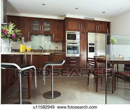 Stock Photo - Stainless steel stools in modern kitchen . Fotosearch