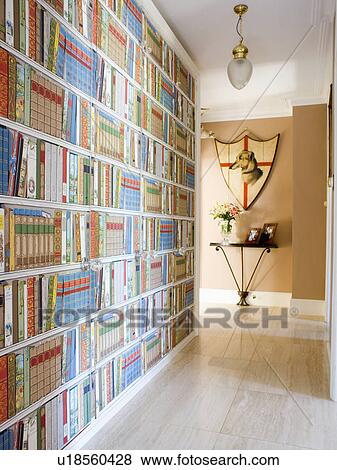 Trompe-l'oeil bookshelves in country hall with limestone floor tiles View Large Photo Image Stock Photo - Trompe-l'oeil bookshelves in country hall with limestone floor tiles. Fotosearch