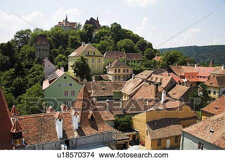 Picture - View across old rooftops of village in Translyvania in Romania&#10;. Fotosearch