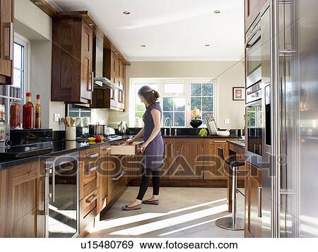 Stock Photo - Woman opening drawer in modern kitchen. Fotosearch