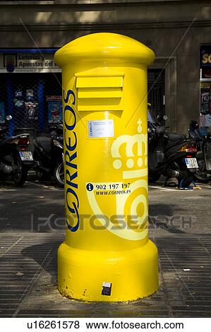 Stock Photo - Yellow post box, La Rambla, Barcelona, Spain. Fotosearch