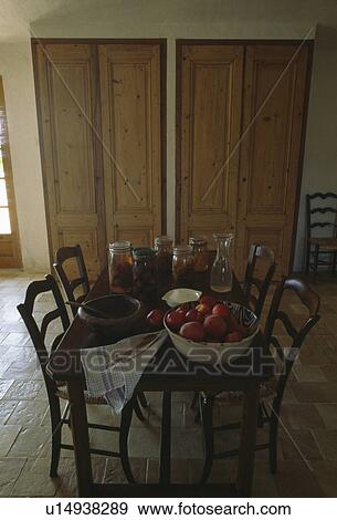 Bowl of apples and jars of preserves on table in French country dining room View Large Photo Image Stock Photo - Bowl of apples and jars of preserves on table in French country dining room. Fotosearch