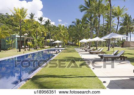 Stock Image - Brazil. Outdoor pool. Chairs. Umbrellas. . Fotosearch
