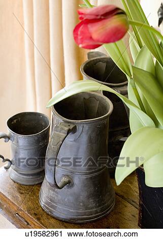 Close-up of antique pewter jugs and red tulip in vase View Large Photo Image Stock Image - Close-up of antique pewter jugs and red tulip in vase. Fotosearch