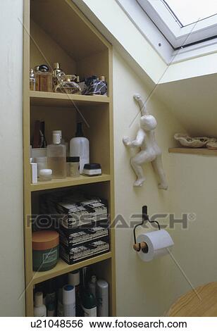 Close-up of shelving in modern attic bathroom View Large Photo Image Stock Photograph - Close-up of shelving in modern attic bathroom. Fotosearch