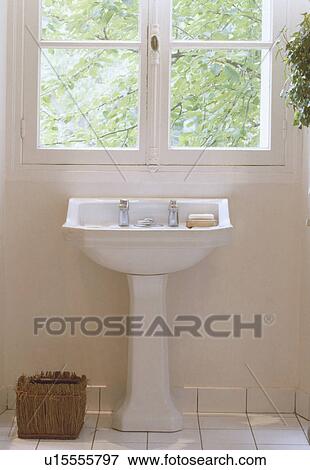 Close-up of white pedestal basin below cottage window View Large Photo Image Stock Photo - Close-up of white pedestal basin below cottage window. Fotosearch
