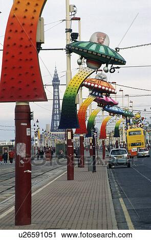 Stock Image - Colourful decorations and lighting on street in Blackpool in Lancashire. Fotosearch